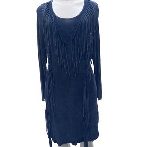 T Party Fashion Dark Blue Fringe Long Sleeve Dress